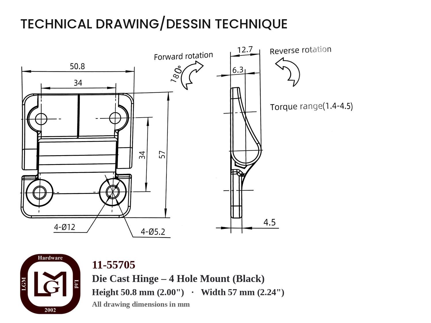 Die Cast Hinge – 4 Hole Mount (Black) | Wholesale - Industrial & Transportation Hardware Supplies 11-55705 Die Cast Hinge Technical Drawing