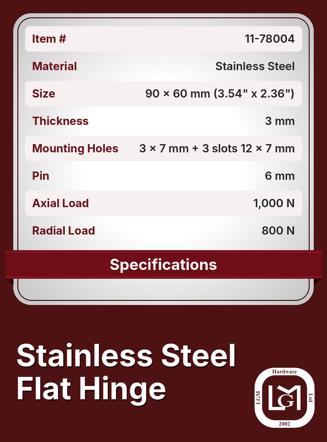 Stainless Steel Flat Hinge 90 x 60 mm | LGM Hardware Ltd. 11-78004 Flat Hinge Specifications (4)