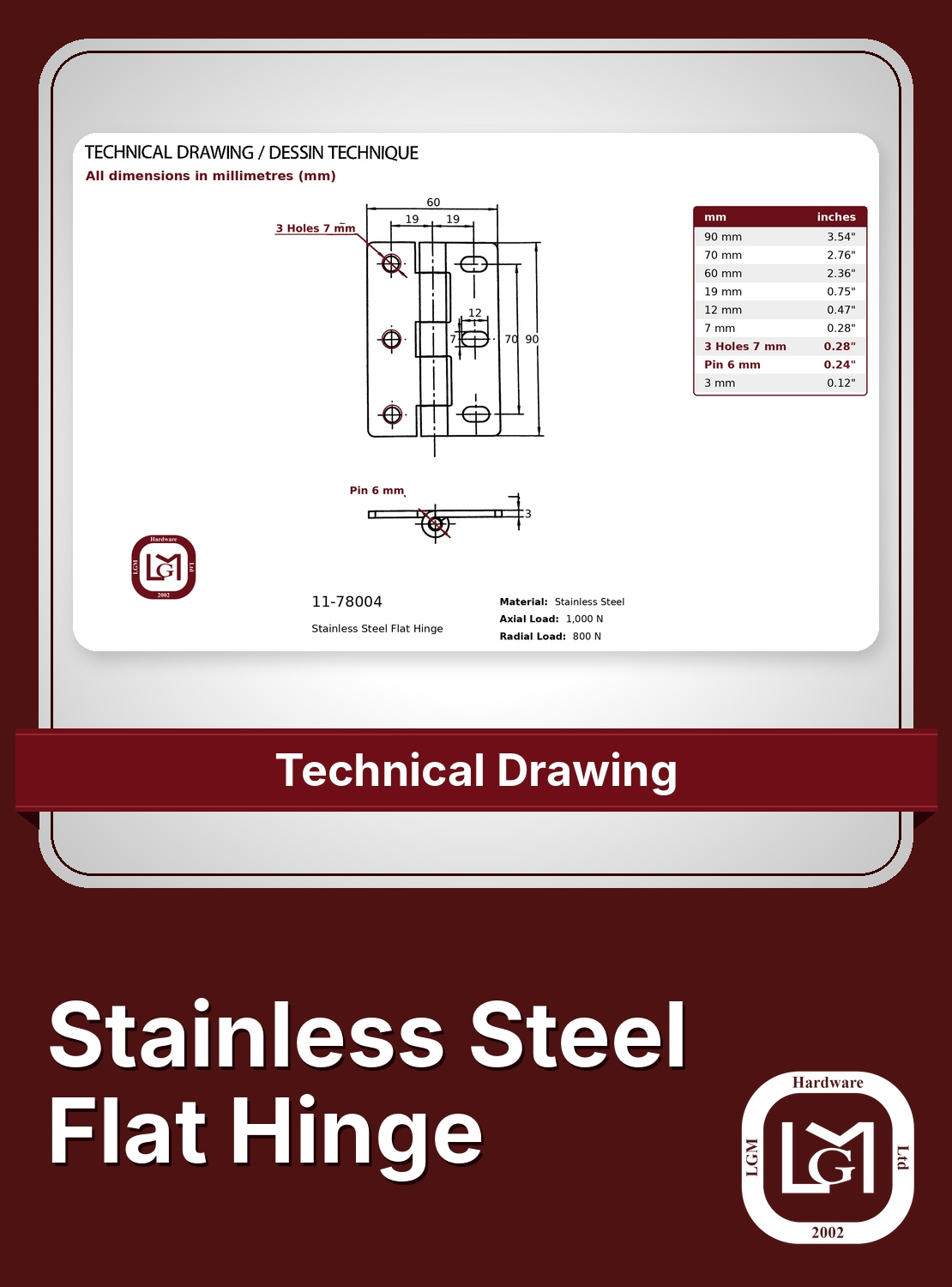Stainless Steel Flat Hinge 90 x 60 mm | LGM Hardware Ltd. 11-78004 Flat Hinge