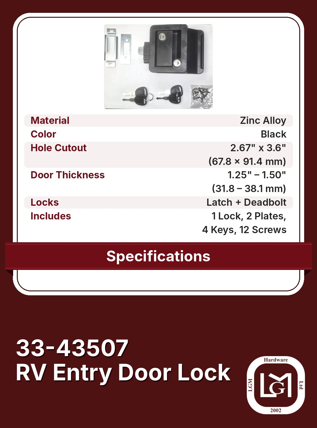 RV Entry Door Lock | LGM Hardware Ltd. 33-43507 Rv Entry Door Lock Specifications