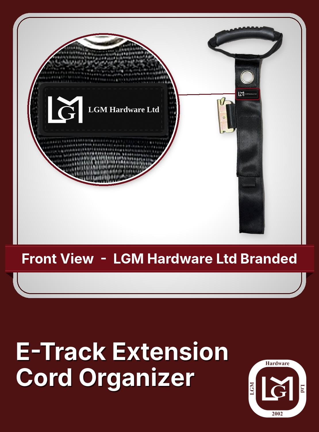 E-Track Extension Cord Organizer | Wholesale - Industrial & Transportation Hardware Supplies 38-59502 E-Track extension cord organizer front view with LGM Hardware Ltd label