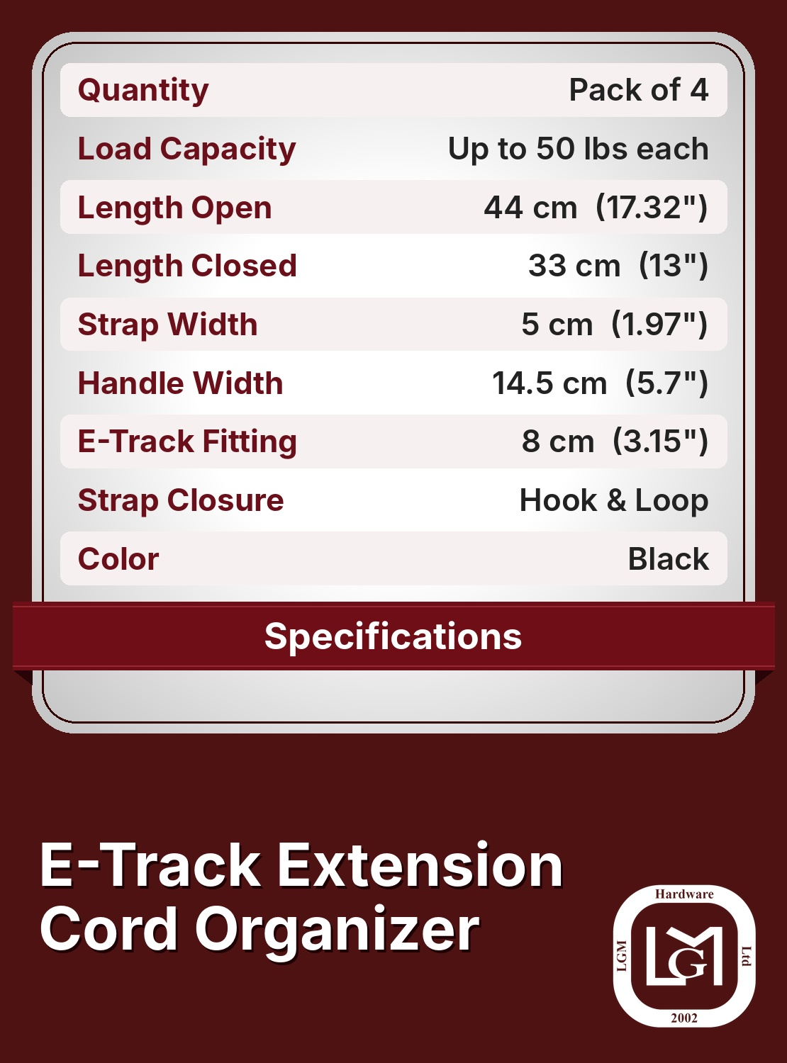 38-59502 E-Track extension cord organizer specifications