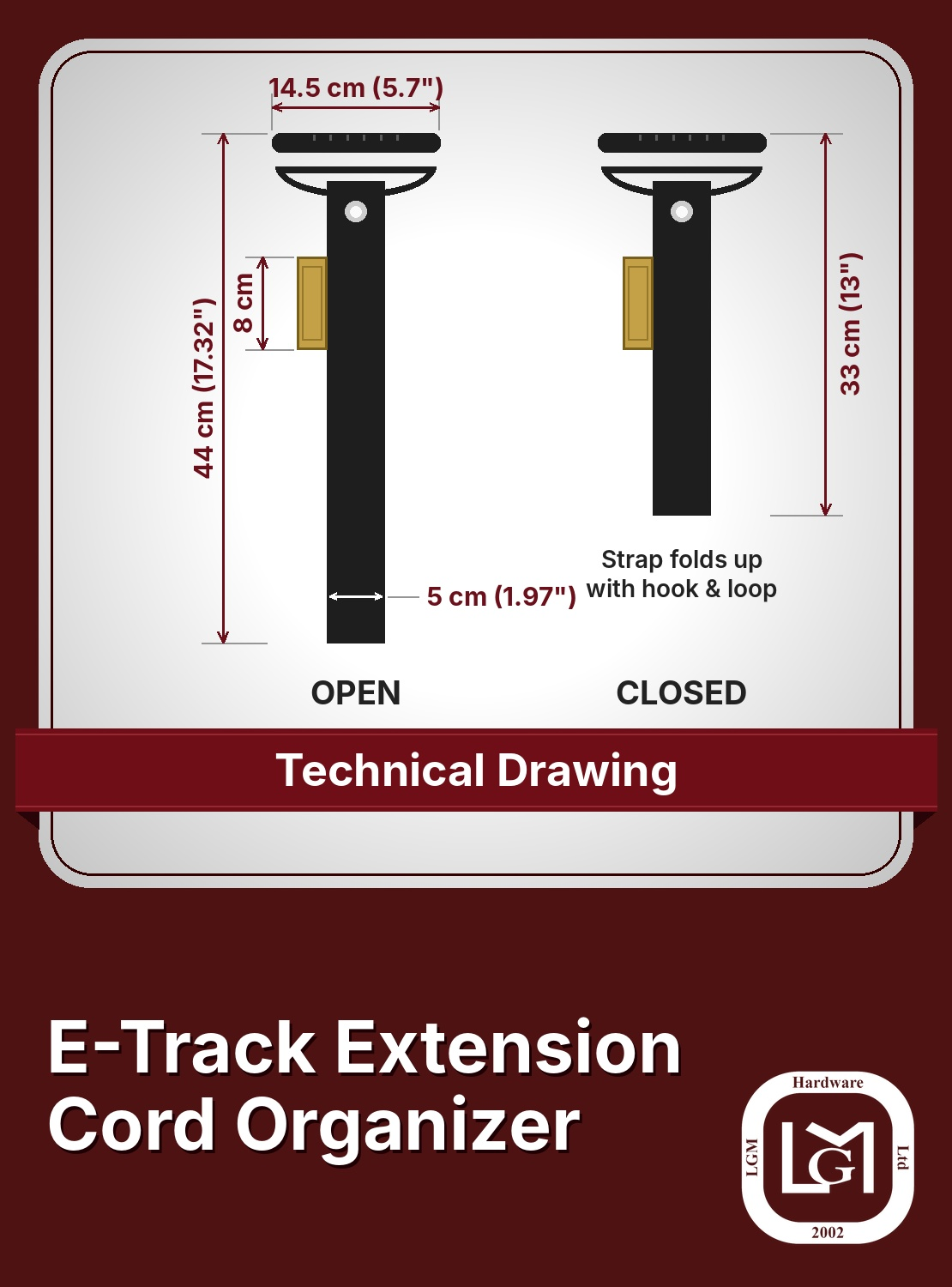 38-59502 E-Track cord organizer technical drawing, 44 cm open, 33 cm closed