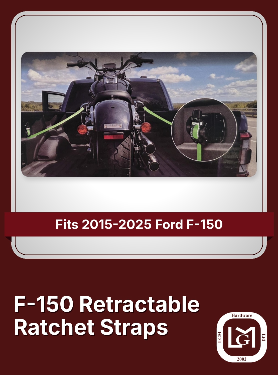 38-60000 F-150 retractable ratchet straps holding a motorcycle in a truck bed
