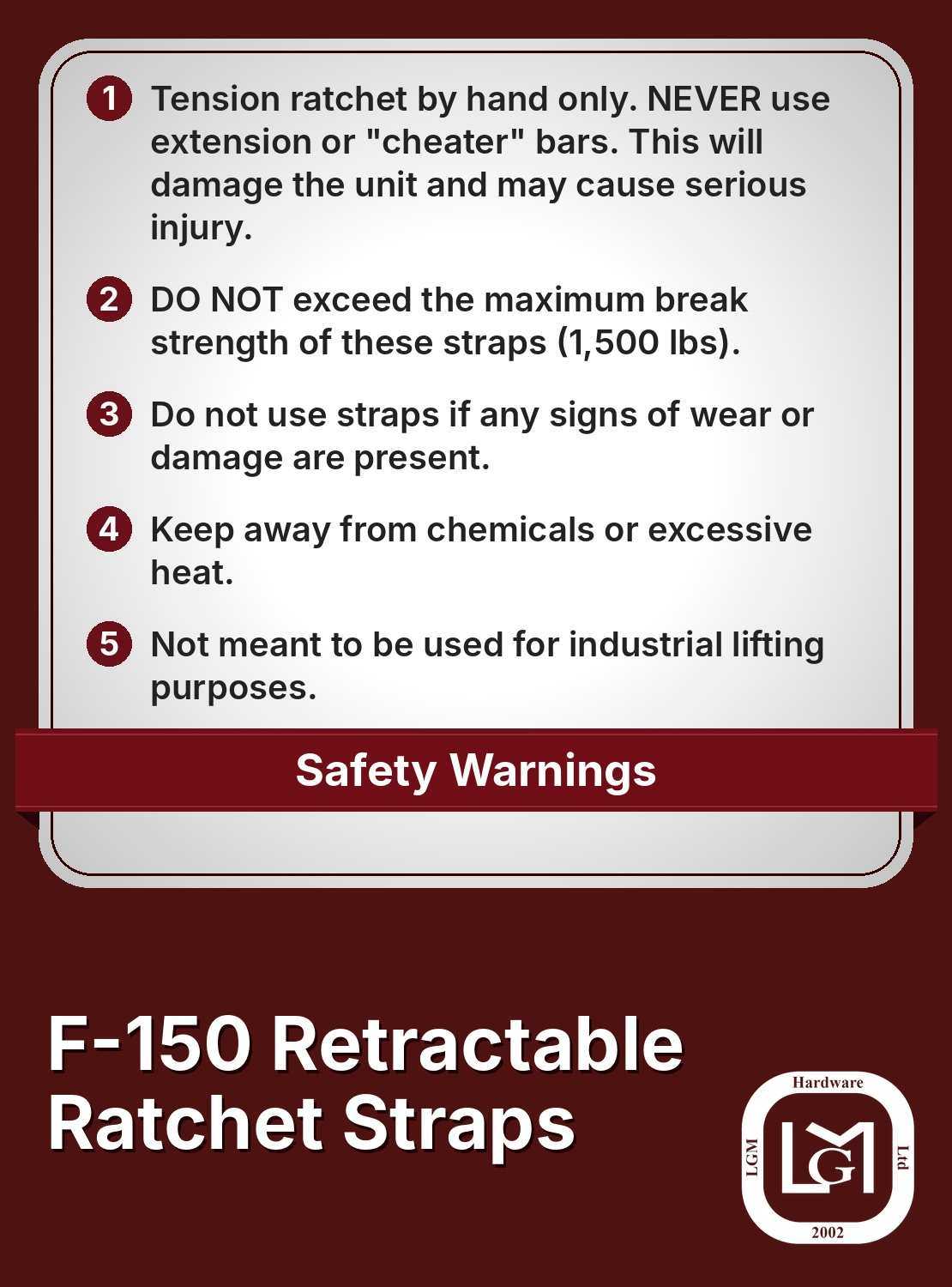 38-60000 F-150 retractable ratchet straps safety warnings