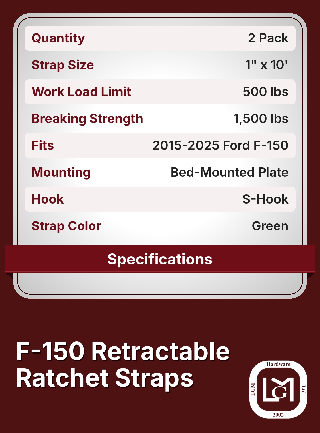 38-60000 F-150 retractable ratchet straps specifications, 1 inch x 10 ft, 500 lbs work load limit