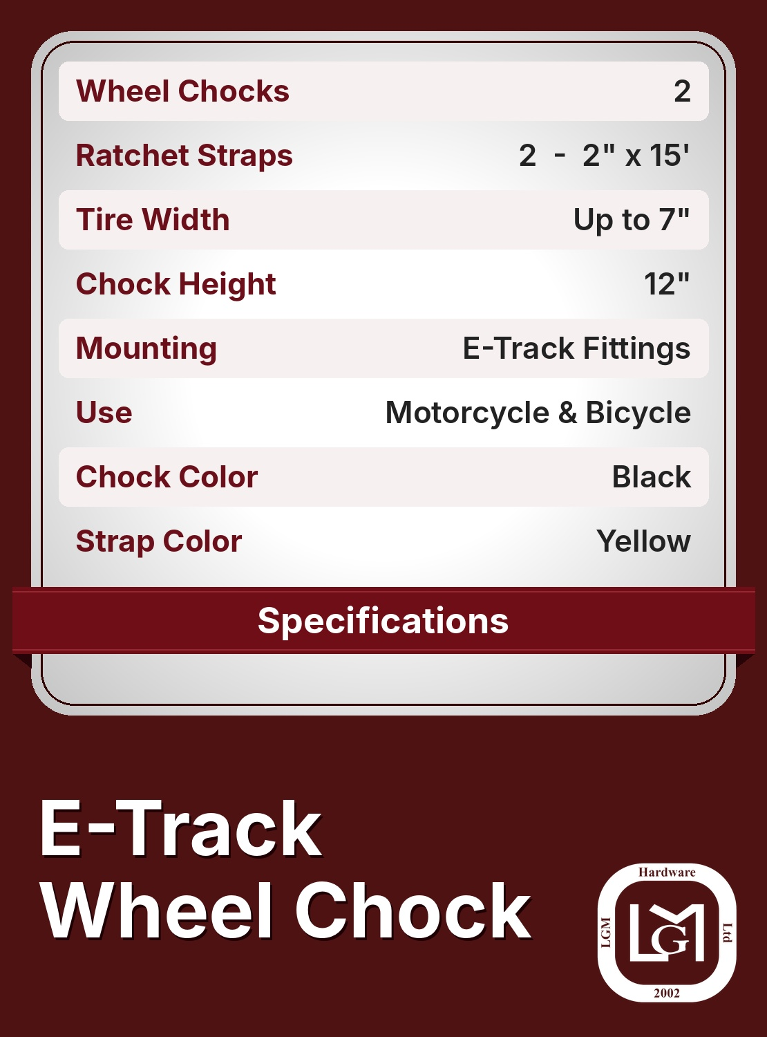 38-59702 E-Track wheel chock specifications, 2 wheel chocks and 2 ratchet straps 2 inch x 15 ft